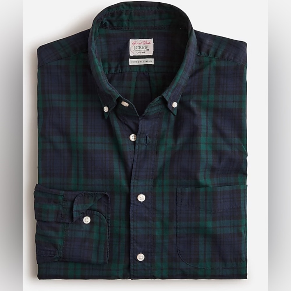 J Crew Slim Secret Wash cotton poplin shirt Neiman Plaid Green Navy Brand New M